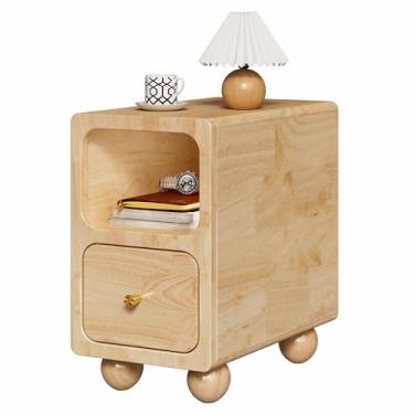 Imagem de Mesa de cabeceira de madeira maciça, mesa de cabeceira estreita com gavetas, mesa de cabeceira moderna natural de meados do século, pequena mesa ao lado com prateleira de armazenamento aberta para