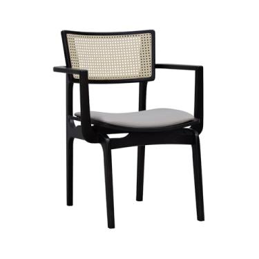 Imagem de Cadeira Apollo Madeira Maciça com Braço Encosto Telinha Assento Anatômico - Preto - Estofado Linho Bege