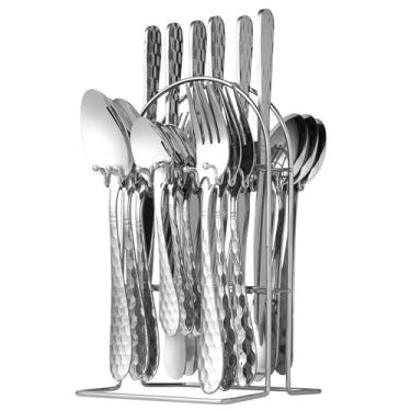 Imagem de Conjunto de talheres de 24 peças com suporte para pendurar, talheres de aço inoxidável, garfo, colher e faca, para 6, conjunto de utensílios de cozinha, polido, pode ser lavado na lava-louças