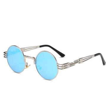 Imagem de HCHES Óculos de sol polarizados de metal punk masculino, redondo, rosa, steampunk, revestimento vintage (MPTYJ097 prateado e azul)