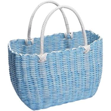 Imagem de Cesta De Piquenique De Vime, Cesta De Vegetais Portátil, Cesta De Compras Tecida, Cesta De Frutas De Armazenamento Artesanal De Vime De Plástico, Cesta De Piquenique, Cesta D, Blue, 27 * 21cm