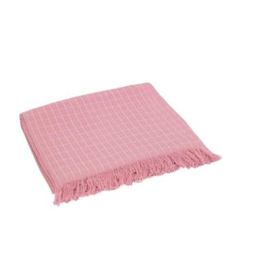 Imagem de Manta Artesanal para Sofá Grande 2,40x1,80m – Algodão Natural com Franja | Decorativa e Confortável(Rosa Xadrez)