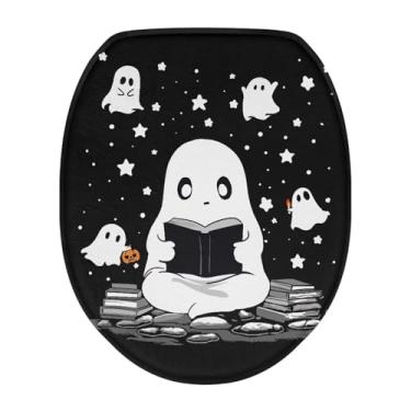 Imagem de Uorisanigo Capa de assento de vaso sanitário alongada de Halloween apenas capa de tampa de vaso sanitário para banheiro fofo fantasma oval capa de vaso sanitário com elástico decorações de Halloween