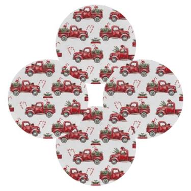 Imagem de Jogo americano redondo conjunto de 4 para mesa de jantar, Natal, caminhão, vermelho, tapete de mesa lavável e resistente ao calor para decoração de cozinha