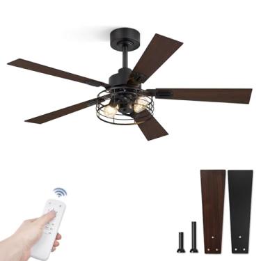 Imagem de 1 Pacote Farmhouse 48 ventiladores de teto com luzes, ventiladores de teto industriais pretos para quarto sala de estar, ventilador de teto rústico de 5 lâminas dupla face - preto