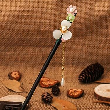 Imagem de Grampos de cabelo de flores palitos de cabelo vintage de madeira chinesa pinos para mulheres ornamentos de cabelo joias de cabeça