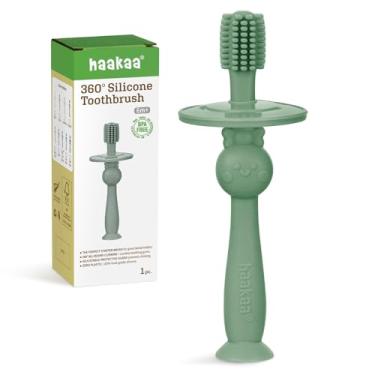 Imagem de haakaa Escova de dentes de bebê 360° com base de sucção - limpeza suave para treinamento de autoescovação infantil, silicone de grau alimentício, escudo de segurança ajustável - Jade (1 peça)