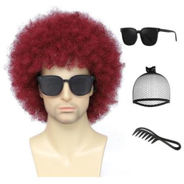 Imagem de Peruca Airhostess Afro para homens com óculos 70s 80s vermelha