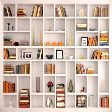 Imagem de BELECO Pano de fundo branco para fotografia de estante de livros de 3 x 3 m - Pano de fundo moderno para reuniões de vídeo e videoconferência de escritório e escritório doméstico - Decoração para