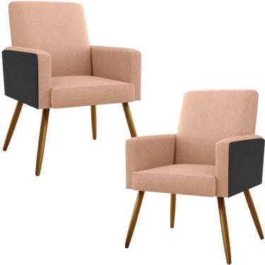 Imagem de Kit 02 Poltronas Decorativa Maria W01 Pés Palito Linho Rosê Couríssimo Preto - Lyam Decor