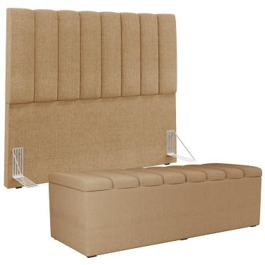 Imagem de Kit Cabeceira Cama Box Casal 140cm Calçadeira Recamier Baú Dália W01 Linho Bege Escuro - Lyam Decor