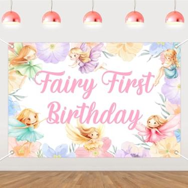Imagem de Pano de fundo de fada para primeiro aniversário de 1,5 x 1 m para meninas, flores de borboleta, pastel, decorações de 1º aniversário, fadas, encantadas, floresta, jardim, asa, anjo, um ano de idade