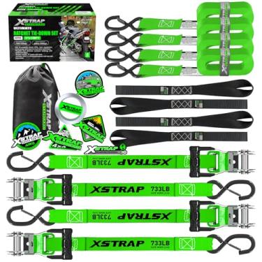 Imagem de XSTRAP STANDARD Alça de amarração de motocicleta (4PK) - 1 kg força de ruptura 4,5 m conjunto de tiras de amarração de catraca de laço macio para aparelhos móveis, equipamentos de gramado, tiras de