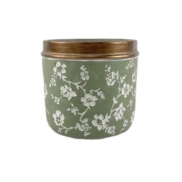Imagem de Vasos de plantas Vaso de planta cilíndrico verde com bordas douradas, vaso flores cimento textura floral branca em relevo, para decorar sala estar, quarto e estudo