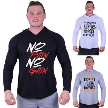 Imagem de Kit 3 Camisetas Manga Longa com Touca Longline Estampada Treino Academia Lazer Casual-Masculino