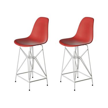 Imagem de Kit 2 Banquetas Bistrô Alta Eames Vermelha Base Ferro Branco - Cor: Vermelho