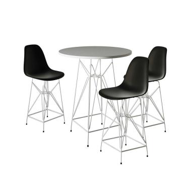 Imagem de Jogo Mesa Bistrô Eames Branca 60Cm 3 Banquetas Preta Base Ferro Branco - Cor: Branco