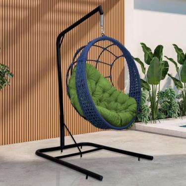 Imagem de Cadeira Balanço Ninho Suspenso Em Corda Náutica Luxo Com Suporte Azul-verde