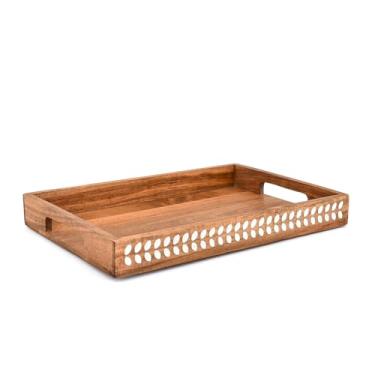 Imagem de Hanol Bandejas de servir, bandeja retangular elegante de madeira de acácia para decoração de cozinha, mesa de centro e sala de estar (38 x 25 x 4 cm)