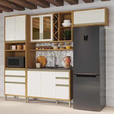 Imagem de Armário de Cozinha Modulada com Balcão para Pia 8 Portas 5 Gavetas Pérola 100% Mdf Vidro Reflecta Amêndoa/Off White - Pnr Móveis