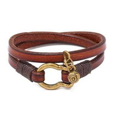 Imagem de Rockyu Pulseira masculina de couro, 2 cordas, simples, fivela em ferradura, estilo vintage, feita à mão, elegante, presente de pulso, presente de aniversário, ミディアム, Couro bovino, Sem Pedra Preciosa