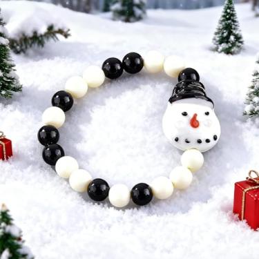 Imagem de Elegante boneco de neve de cerâmica com contas pretas e brancas com cartões temáticos de Natal selecionados aleatoriamente e caixa de presente de fita