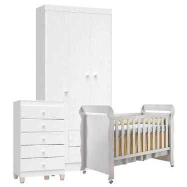Imagem de Quarto De Bebê 3 Portas Com Gaveteiro Ternura Baby E Berço Mirelle Branco Brilho - Incorplac