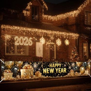 Imagem de HOMETITUTE Banner de Feliz Ano Novo 38 x 50 cm Dourado Balões Pretos Pano de Fundo Fogos de Artifício Decorações de Festa para Parede Quintal Cerca de Varanda Exterior Interior Celebração Foto Fundo