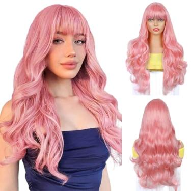 Imagem de Peruca feminina rosa de 61 cm com franja na altura dos ombros, ondulada, resistente ao calor, peruca de cabelo sintético para encontros e festas