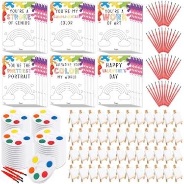 Imagem de Sabary 48 Sets Valentines Day Gift for Kids, Valentines Gift Painting Cards Painting Canvas Panel with Wooden Easel Watercolor Paint Brush Kit Packaging Bag for Class Art Party