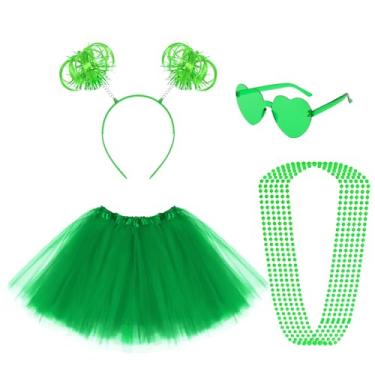 Imagem de Fumwase Conjunto de acessórios de fantasia de tutus para adultos, faixa de cabeça, saias de tule, coração, óculos de sol, colares de contas para Halloween, Verde, One Size