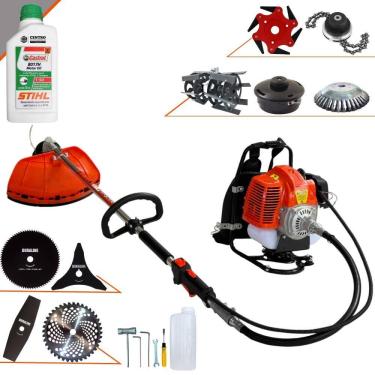 Imagem de Roçadeira Costal GRC430 43cc 1,7HP Com Carretel + Facas 2 Pontas, 3 Pontas, 6 Pontas, 40 Dentes, 80 Dentes, Trimmer, Escova e Enxada + Óleo Stihl 2T