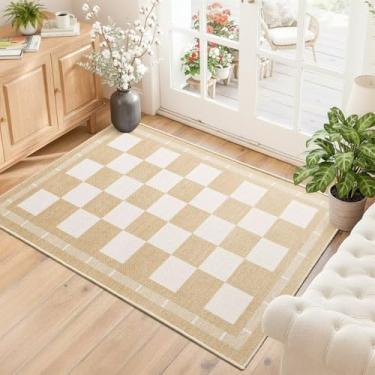 Imagem de Vasofe Tapete de entrada pequeno lavável, tapetes de juta xadrez 5,6 x 7,6 cm, tapete para porta da frente, antiderrapante, quarto, entrada, cozinha, tapete, xadrez, casa de fazenda, cáqui e branco
