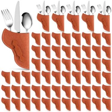 Imagem de Juinte 100 peças de coldre caubói suportes de talheres marrom feltro talheres vintage bolsa de utensílios de mesa de festa ocidental suprimentos de talheres manga de talheres, marrom