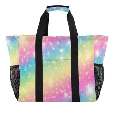 Imagem de ODAWA Bolsa de praia portátil resistente à água, organizador de verão, bolsa de natação dobrável, gradiente arco-íris