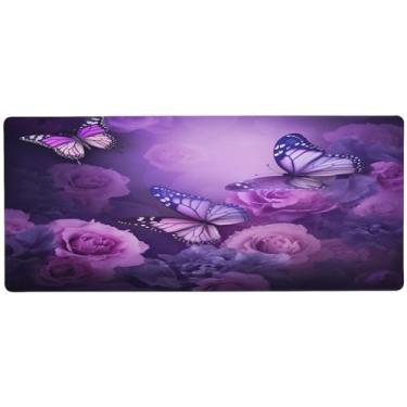 Imagem de Wassud Mouse pad borboleta roxa para jogos com base de borracha antiderrapante, mouse pad longo para teclado de computador com borda costurada, almofada grande à prova d'água para escritório, casa, 80