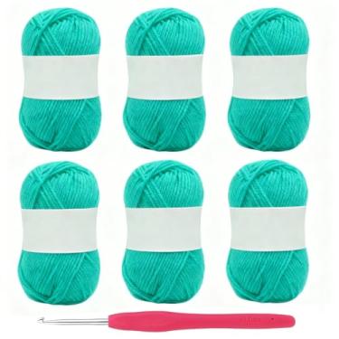 Imagem de Fio de algodão leiteiro de 5 camadas, 6 rolos de novelos de fio de algodão de leite macio com ganchos de crochê para boneca, suéter, chapéus, cachecol (ciano)