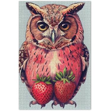 Imagem de Quebra-cabeças de coruja de morango em cor sólida, 500 peças, cenário para adultos, arte floral, quebra-cabeças divertidos, presentes engraçados, 51 x 35 cm