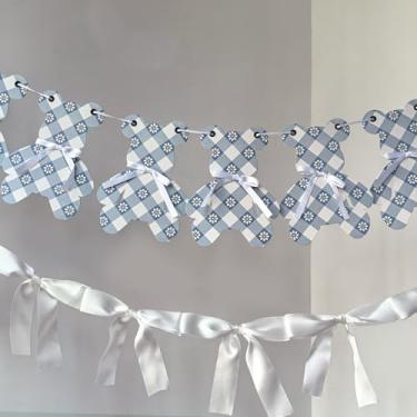 Imagem de Eanjia Faixa pré-amarrada We Can Bearly Wait | Faixa de urso de pelúcia xadrez azul com ilhós para fácil ajuste e laço de cetim removível para chá de bebê, 1º aniversário, berçário, decoração
