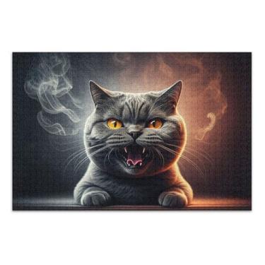 Imagem de Quebra-cabeça para adultos 1000 peças irritado fofo gato cinza elefantes brancos presentes família divertido quebra-cabeça arte animal, 75 x 40 centímetros