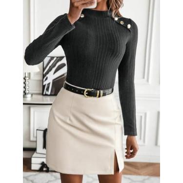 Imagem de Blusa feminina com nervuras carvão vegetal – blusa de manga comprida com botões e ombros, Cinza escuro, X-Small