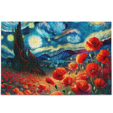 Imagem de Quebra-cabeça de papoula floral noite estrelada personalizada 500 peças para adultos jogo de brinquedo arte legal exclusivo quebra-cabeças presentes de festa de elefante branco, 52 cm x 37,8 cm