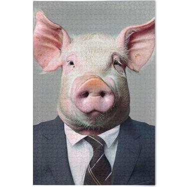 Imagem de Fato de negócios de porco quebra-cabeça personalizado engraçado 1000 peças para adultos jogo de quebra-cabeça engraçado presentes quebra-cabeça cena outono cenário animal arte, 75 cm x 50 cm