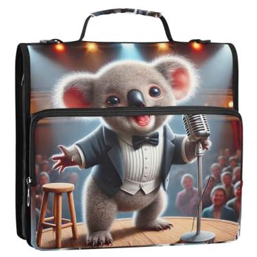 Imagem de Organizador de fichário engraçado com zíper para microfone Koala de 3 cm com 3 anéis, bolsa para fichários escolares resistentes com alça de ombro, suporte para 500 folhas