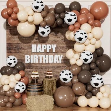 Imagem de Conjunto de arco de balão com estampa de vaca ocidental 134 peças marrom/bege, estampa de café e vaca, para aniversário de cowboy, chá de bebê, festa temática de fazenda ocidental, decorações de fundo