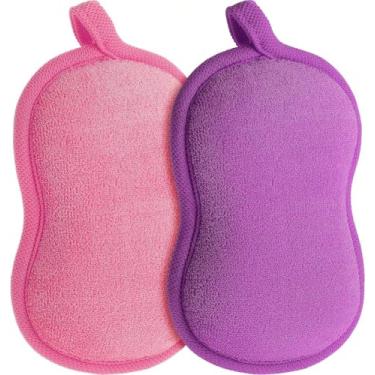 Imagem de Conjunto de 2 esponjas de banho macias, esponja absorvente esfoliante para chuveiro, ferramenta de limpeza suave do corpo (roxo, rosa)