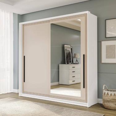 Imagem de Guarda Roupa Roupeiro 2 portas de correr 2 gavetas com Espelho Valência Branco Creme Politorno Móveis