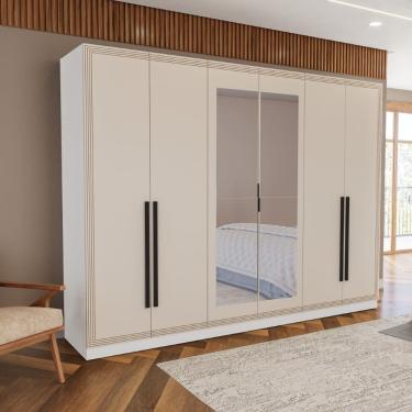 Imagem de Guarda Roupa Roupeiro 6 portas 4 gavetas com Espelho Valência Branco Creme Politorno Móveis