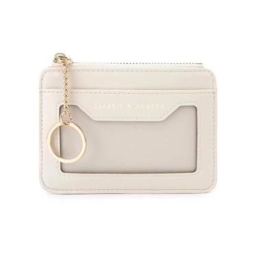 Imagem de Carteiras femininas brancas pequenas finas com bolso frontal com zíper, grande capacidade, 3 cartões de crédito com chaveiro