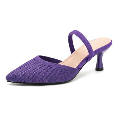 Imagem de Enelauge Sapato feminino de malha com salto baixo gatinho com tira elástica no tornozelo, bico fechado, slingback confortável, vestido de casamento, Roxa, 42